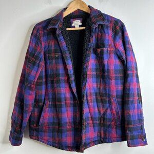 L.L.Bean Jacket Womens Small Purple Black Plaid Sherpa Lined Flannel Relaxed Fit